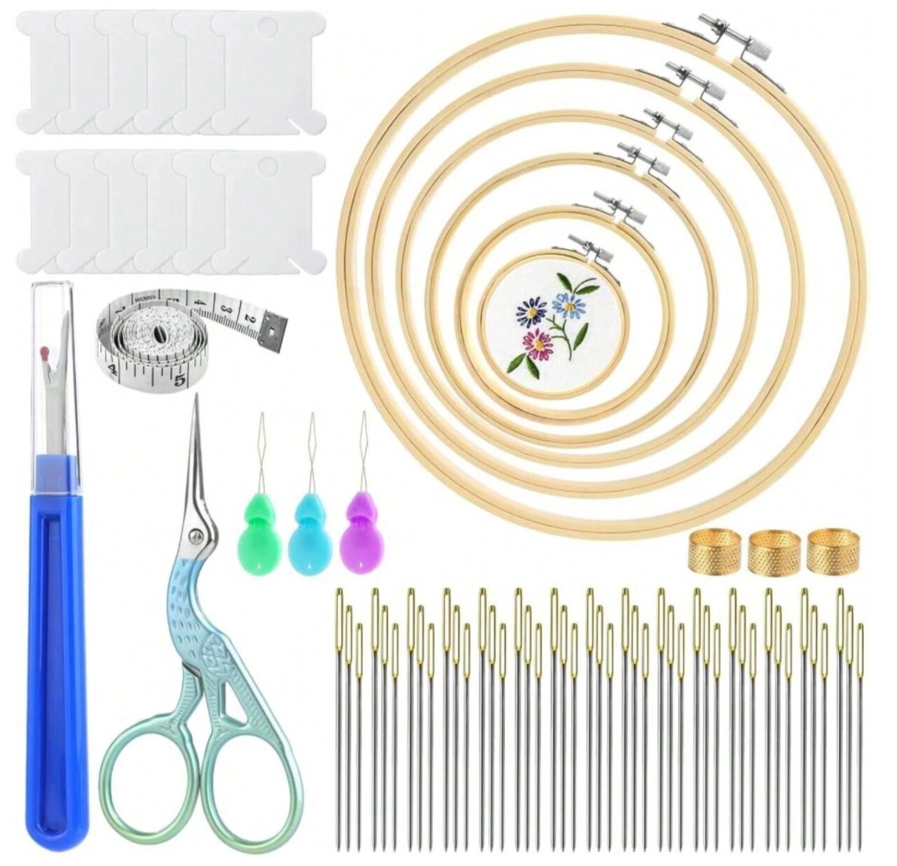 72-Piece Cross-Stitch & Embroidery Starter Kit – Hoops, Floss, Needles, Scissors & Tools for Beginners & Adults